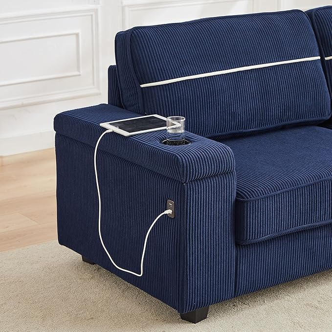 Modern Living Room Upholstered 3 Seater Sofa Couch Deep Seat Soft Corduroy Sofa&Couch with Storage Armrests, 2 Cupholders, Type-C and USB Charging Ports for Home, Apartment, Office - LeafyLoom