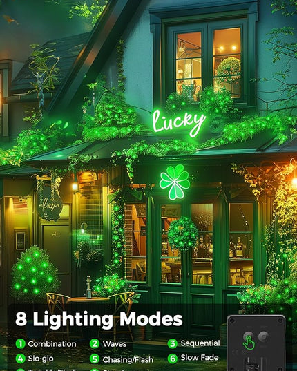 Minetom Solar String Lights Outdoor, 40FT 100 LED String Lights Solar Powered with 8 Lighting Modes, Green String Lights for St Patrick Decoration, Waterproof Solar Lights for Outside Tree Yard, Green Minetom