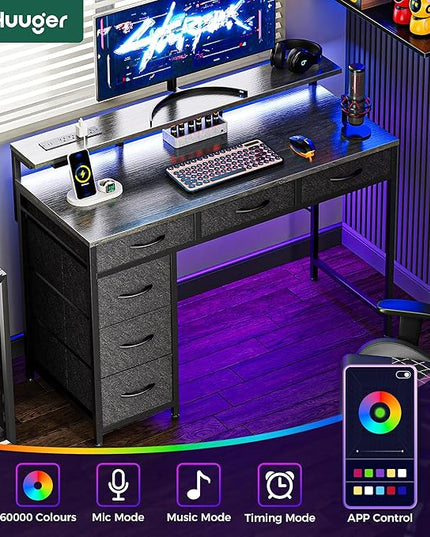 Gaming Desk with 6 Drawers, Computer Desk with LED Lights Power Outlets and Type-C, 39 Inch Office Desk with Storage, Monitor Stand, Writing Desk Work Desk for Home Office, Bedroom, Study, Grey - LeafyLoom