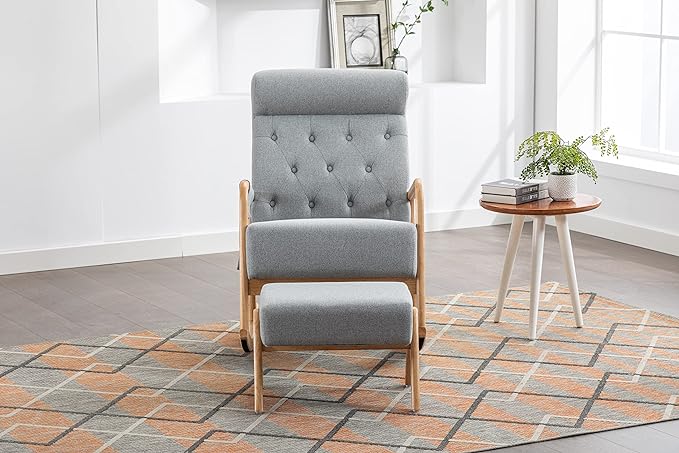 Armchair with Ottoman, Mid-Century Upholstered Accent Nursery, Glider Rocker Thick Cushion, Comfy Indoor Leisure Lounge Living Room, Bedroom, Office, Rocking Chair, Gray - LeafyLoom