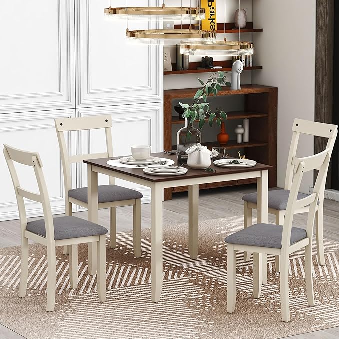 NicBex Small Dining Table Set for 4 Breakfast Nook Table Set 5 Piece Dining Table Set Industrial Wooden Kitchen Table and 4 Chairs for Dining Room, Living Room, Brown + Cottage White - LeafyLoom
