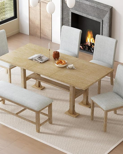 76Inch Dining Table Set for 6, Extendable Dining Table with 18inch Removable Leaf and Upholstered Dining Chair and Bench for Dining Room, Natural+Light Grey - LeafyLoom