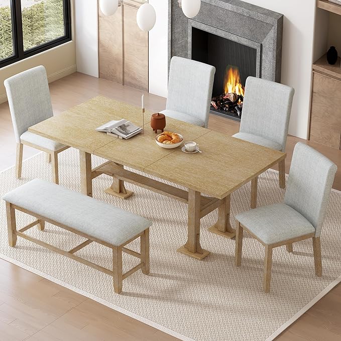 76Inch Dining Table Set for 6, Extendable Dining Table with 18inch Removable Leaf and Upholstered Dining Chair and Bench for Dining Room, Natural+Light Grey - LeafyLoom