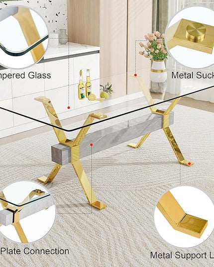 NicBex Dining Table Modern Tempered Glass Dining Table Large Modern Office Desk with Gold Plated Metal Legs and MDF Crossbars, Suitable for Both Home and Office Use, Gold + Silver - LeafyLoom
