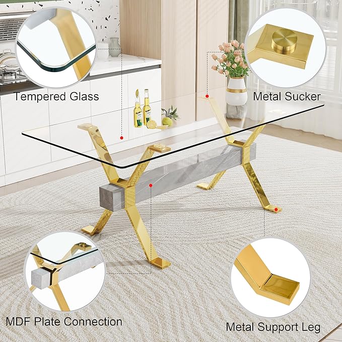 NicBex Dining Table Modern Tempered Glass Dining Table Large Modern Office Desk with Gold Plated Metal Legs and MDF Crossbars, Suitable for Both Home and Office Use, Gold + Silver - LeafyLoom