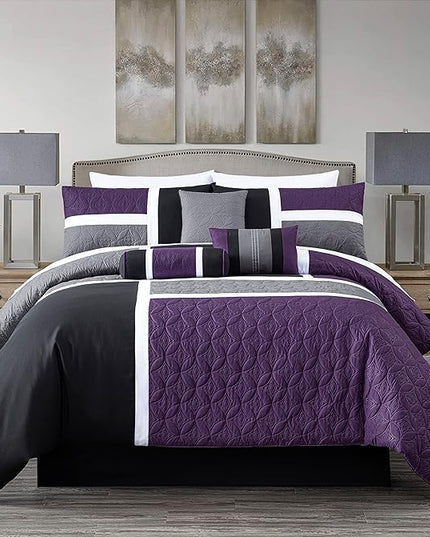 Chezmoi Collection Upland 7-Piece Quilted Patchwork Comforter Set, Purple/Black/Gray, Queen - LeafyLoom