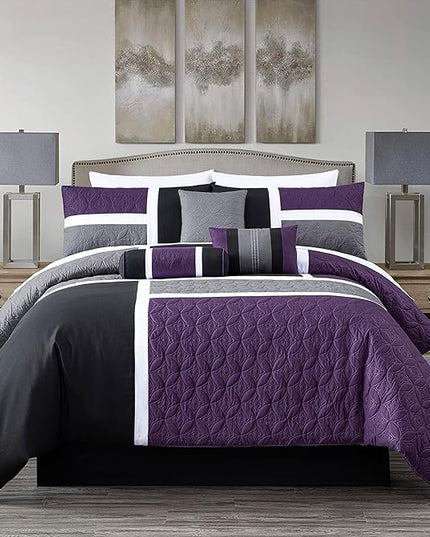 Chezmoi Collection Upland 7-Piece Quilted Patchwork Comforter Set, Purple/Black/Gray, King - LeafyLoom