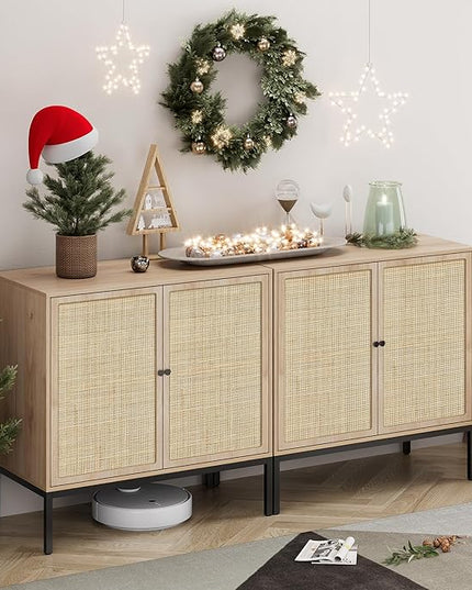 XIAO WEI Sideboard with Handmade Natural Rattan Woven Doors, Rattan Cabinet Console Table Storage Cabinet Buffet Cabinet, for Kitchen, Living Room, Hallway, Entryway-2 Pieces(Natural) - LeafyLoom