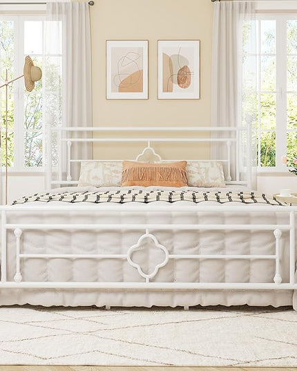 Allewie King Size Metal Platform Bed Frame with Victorian Vintage Headboard and Footboard/Mattress Foundation/Under Bed Storage/No Box Spring Needed/Noise-Free/Easy Assembly, White - LeafyLoom