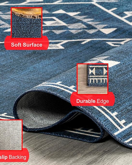 nuLOOM Evalyn Southwestern Machine Washable Ultra Thin Area Rug, 5x8, Navy - LeafyLoom