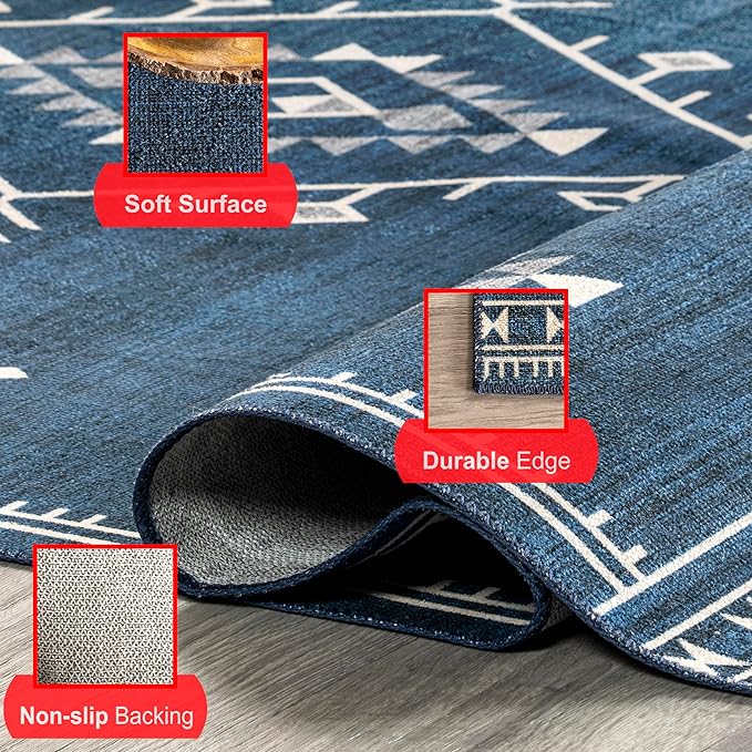 nuLOOM Evalyn Southwestern Machine Washable Ultra Thin Area Rug, 5x8, Navy - LeafyLoom
