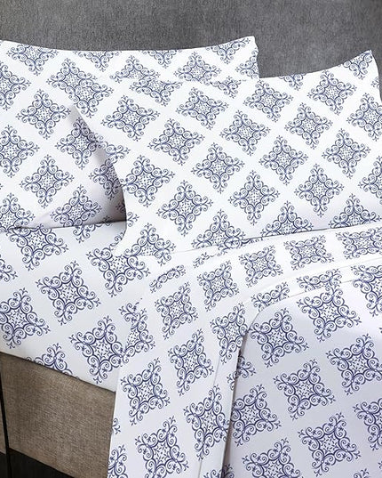 California Design Den Queen Bed Sheet Set, 100% Cotton Sateen Printed Pattern, 4 Pc Deep Pocket Queen Sheets & Pillowcase Set - Filigree - LeafyLoom