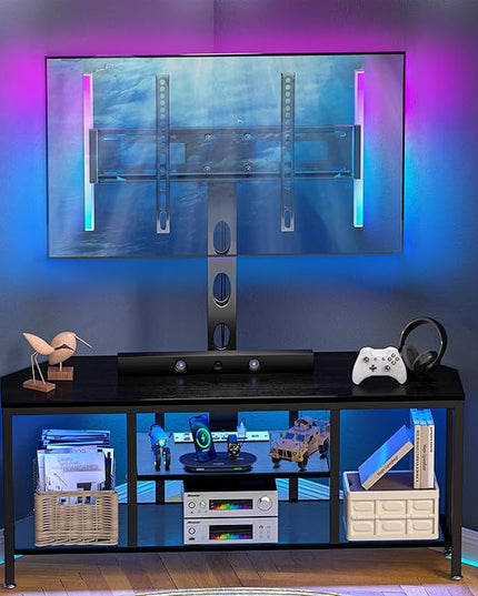 Corner TV Stand LED, Universal TV Mount Stand for 32-60" TV, Height Adjustable Swivel TV Console Wood & Steel Entertainment Center with Mount, Cabinet, Power Outlet, Colorful LED Light, Black - LeafyLoom