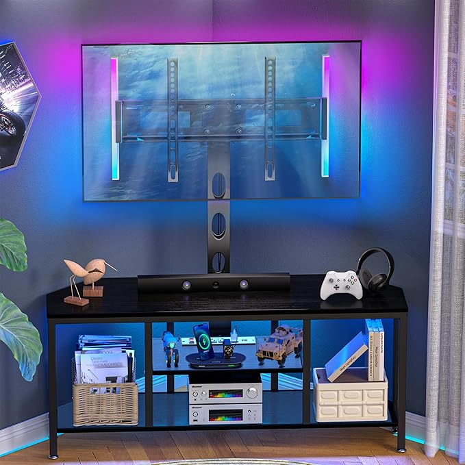 Corner TV Stand LED, Universal TV Mount Stand for 32-60" TV, Height Adjustable Swivel TV Console Wood & Steel Entertainment Center with Mount, Cabinet, Power Outlet, Colorful LED Light, Black - LeafyLoom