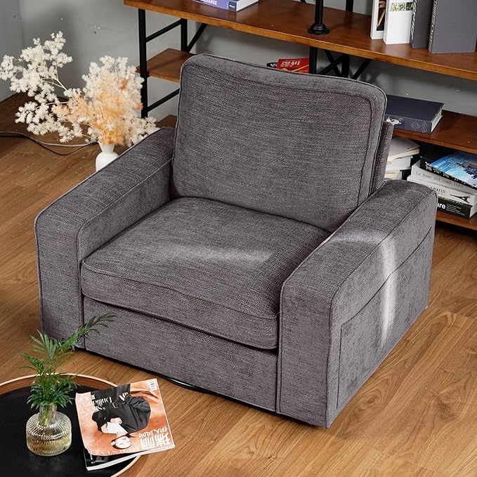 EASELAND Oversized Accent Chair, Reading Chair with Upholstered Chenille Fabric, Sofa Chair with Armrest, Single Sofa Chair for Living Room, Swivel Chair with Wooden Legs, Comfy Chair for Small Spaces - LeafyLoom