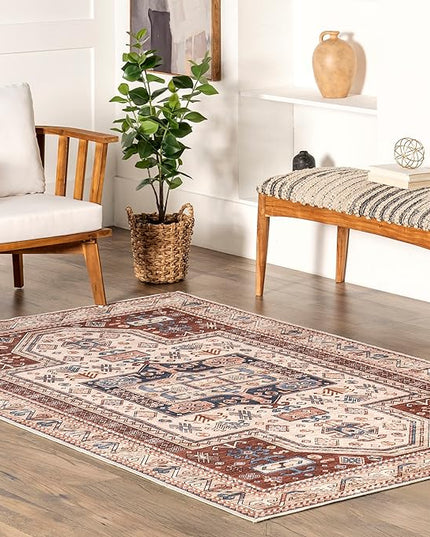 nuLOOM Órla Tribal Bordered Machine Washable Ultra Thin Area Rug, 5' x 8', Rust - LeafyLoom