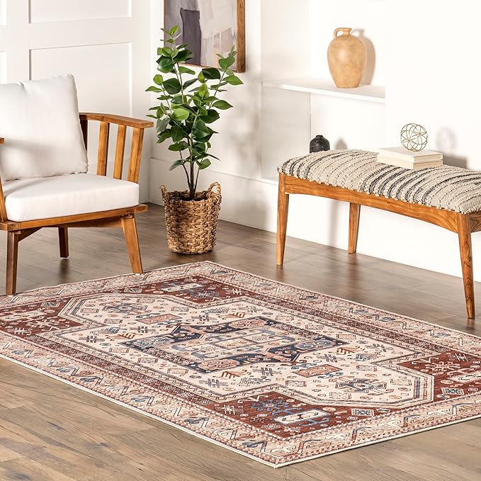 nuLOOM Órla Tribal Bordered Machine Washable Ultra Thin Area Rug, 8' x 10', Rust - LeafyLoom