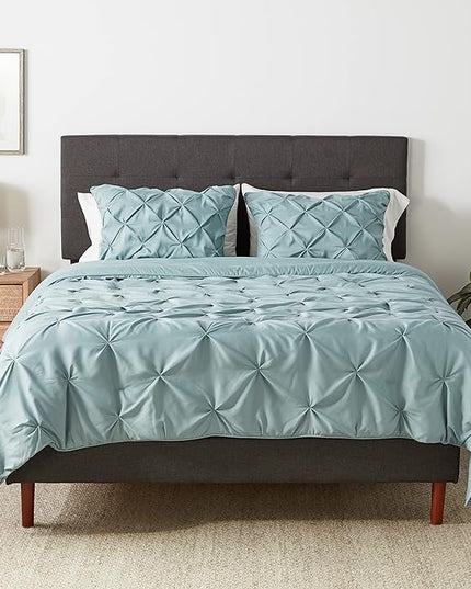 Amazon Basics All-Season Down-Alternative 3 Piece Comforter Bedding Set, Full/Queen, Spa Blue, Pinch Pleat With Piped Edges - LeafyLoom