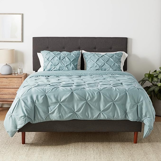 Amazon Basics All-Season Down-Alternative 3 Piece Comforter Bedding Set, Full/Queen, Spa Blue, Pinch Pleat With Piped Edges - LeafyLoom
