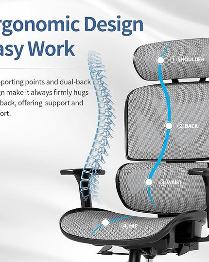 GABRYLLY Ergonomic Office Chair, Mesh Desk Chair with Lumbar Support, Adjustable 3D Arms, Reclining, Headrest & Large Seat - Big and Tall Ergonomic Chair for Home Office Work(Grey) - LeafyLoom