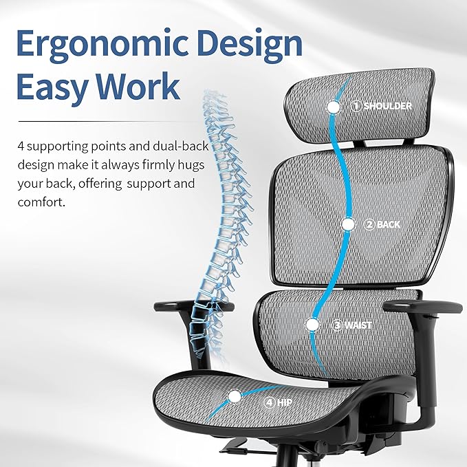 GABRYLLY Ergonomic Office Chair, Mesh Desk Chair with Lumbar Support, Adjustable 3D Arms, Reclining, Headrest & Large Seat - Big and Tall Ergonomic Chair for Home Office Work(Grey) - LeafyLoom