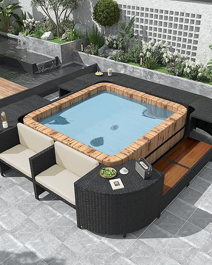 Outdoor Spa Surround Set Patio Furniture with Storage Space, Wood Seatings and Waterproof Cushions, Quadrilateral Rattan Sectional Sofa, for Backyard Deck Poolside, Onesize, Beige - LeafyLoom