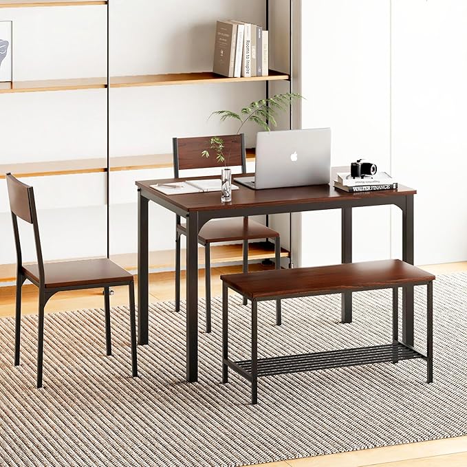 sogesfurniture Modern 4-Piece Kitchen Dining Table Set with 1 Bench and 2 Chairs, Kitchen Bench Table Set for 4, Wooden Kitchen Table and Chairs for Limited Space,Brown - LeafyLoom
