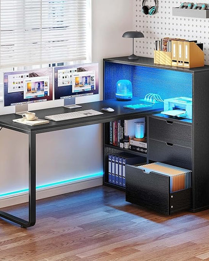DWVO L Shaped Desk with Drawers, 55" Corner Computer Desk with Bookshelf & Power Outlets & LED Lights, Home Office Desk with Storage Shelves, Black - LeafyLoom