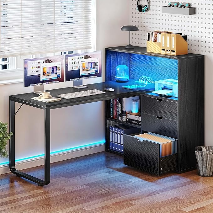 DWVO L Shaped Desk with Drawers, 55" Corner Computer Desk with Bookshelf & Power Outlets & LED Lights, Home Office Desk with Storage Shelves, Black - LeafyLoom