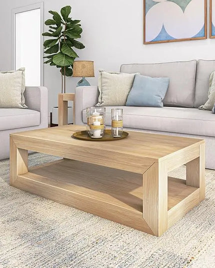 Plank+Beam Modern Rectangular Coffee Table with Shelf, Solid Wood, 48 Inch, Center Table with Storage, 2 Tier Tea Table for Living Room, Blonde Wirebrush - LeafyLoom