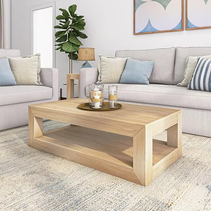 Plank+Beam Modern Rectangular Coffee Table with Shelf, Solid Wood, 48 Inch, Center Table with Storage, 2 Tier Tea Table for Living Room, Blonde Wirebrush - LeafyLoom