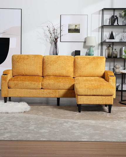 77.36" Modern Chenelle Polyester Sectional Sofa,L-Shaped Couch with Storage Ottoman,3 Seat Interior Furniture W/Pockets and Both Armrests Contain Cup Holders,for Dorm,Apartment,Yellow - LeafyLoom