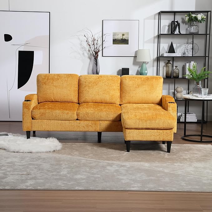 77.36" Modern Chenelle Polyester Sectional Sofa,L-Shaped Couch with Storage Ottoman,3 Seat Interior Furniture W/Pockets and Both Armrests Contain Cup Holders,for Dorm,Apartment,Yellow - LeafyLoom