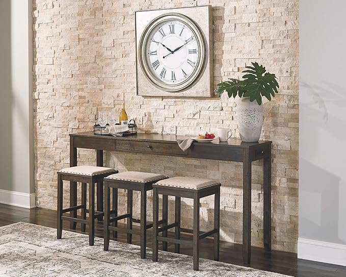 Signature Design by Ashley Rokane Urban Farmhouse 25" Counter Height Dining Room Table Set with 3 Bar Stools, Brown - LeafyLoom