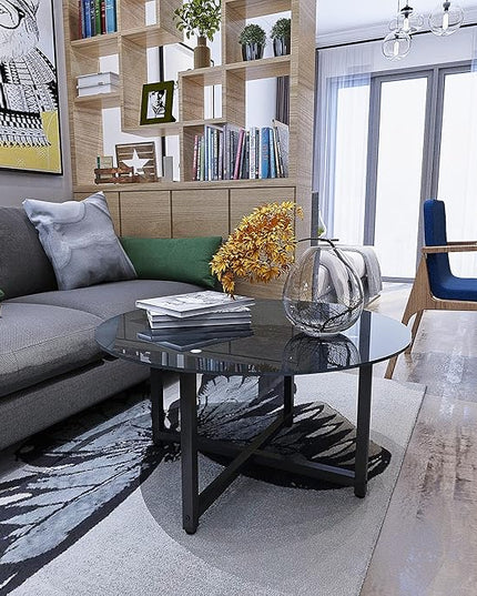 NicBex Coffee Table Modern Tempered Glass Coffee Table with Storage Round Center Tables with Metal Legs Dining Table for Living Room, Dining Room, Office, and Bedroom,35.44" W, Black - LeafyLoom