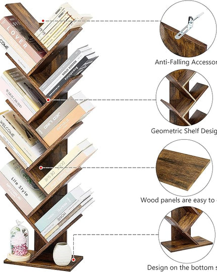 Hoctieon 10 Tier Tree Bookshelf, 10 Shelf Bookcase, Free Standing Tree Bookcase, Display Floor Standing Shelf for Books, Book Shelf Organizer, Rustic Brown - LeafyLoom