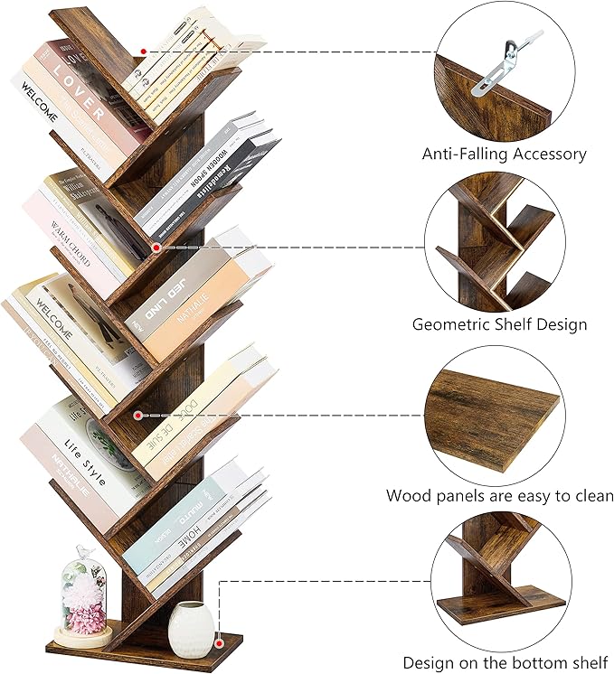 Hoctieon 10 Tier Tree Bookshelf, 10 Shelf Bookcase, Free Standing Tree Bookcase, Display Floor Standing Shelf for Books, Book Shelf Organizer, Rustic Brown - LeafyLoom