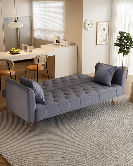 Convertible Folding Futon Sofa Bed Sleeper Lounge Couch,Small Velvet Upholstered Recliner Loveseat Daybed with Adjustable Backrest and Golden Metal Legs Space-Saving Sofabed for Living Room Office - LeafyLoom