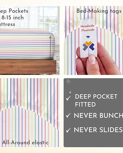 California Design Den Rainbow Stripe Twin-XL Sheets Set, 100% Cotton Sheets, Luxury 400 Thread Count Sateen (Rainbow Striped Sheets) - LeafyLoom