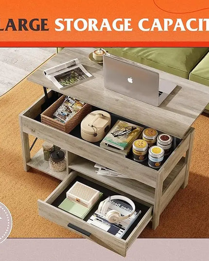 WLIVE Coffee Table, 39" Lift Top Coffee Table with Hidden Compartment and Sorage Drawers for Living Room,Grey - LeafyLoom