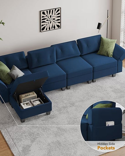 Modular Sectional Sofa, Convertible Sectional Couches for Living Room L Shaped Sofa Couch with Storage Ottoman, High Supportive 6 Seats Reversible Sectionals 113'' with Chaise, Dark Blue - LeafyLoom