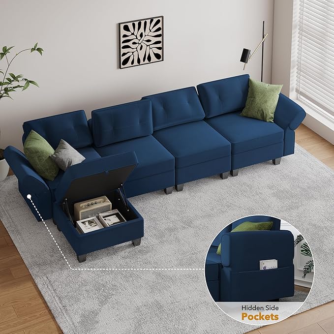 Modular Sectional Sofa, Convertible Sectional Couches for Living Room L Shaped Sofa Couch with Storage Ottoman, High Supportive 6 Seats Reversible Sectionals 113'' with Chaise, Dark Blue - LeafyLoom