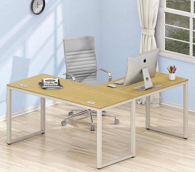 SHW Home Office 55"x60" Large L Shaped Corner Desk, Oak - LeafyLoom
