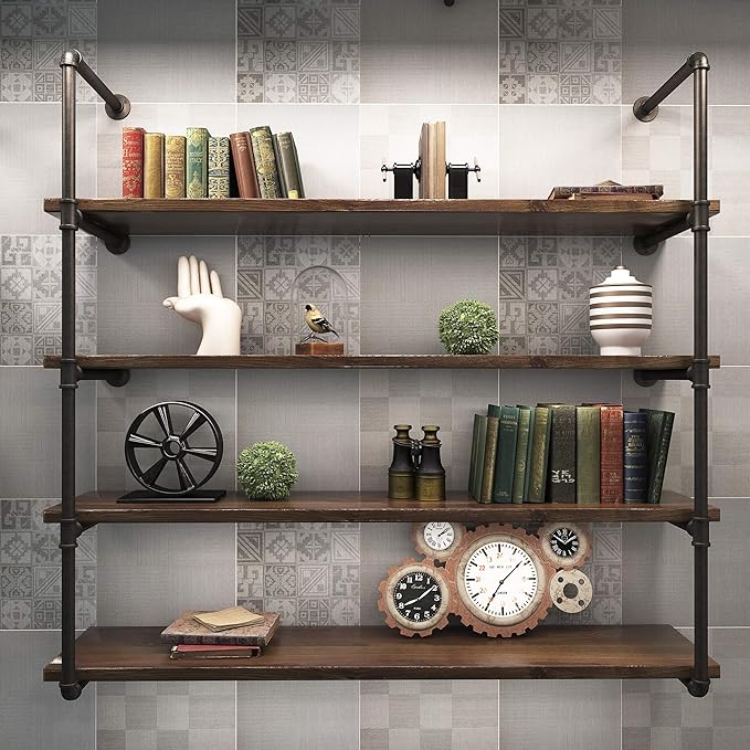 MUZIK 5 Tier Industrial Wall Mount Iron Pipe Shelf, 3/4 Inches Malleable Cast Iron Pipe Wall Mount Bookshelf Shelving Unit, DIY Open Bookshelf, Shelf Shelves, 2 Pack 52 Inch Tall - LeafyLoom