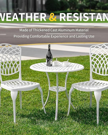 3 Piece Outdoor Bistro Set, Cast Aluminum Bistro Table and Chairs, Rust-Resistant Patio Furniture Set, White Bistro Set 3 Piece Outdoor for Garden, Backyard, Balcony - LeafyLoom