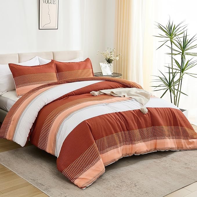 Litanika Burnt Orange Comforter Sets for Queen Bed, 3 Pieces Boho Terracotta Stripe Colorblock Bedding Comforter Set, Rust Fluffy Bed Set (90x90In Comforter, 2 Pillowcases) - LeafyLoom