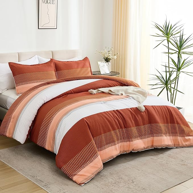 Litanika Burnt Orange King Bed Comforter Set, 3 Pieces Boho Terracotta Stripe Colorblock Bedding Comforter Set, Rust Fluffy Bed Set (104x90In Comforter & 2 Pillowcases) - LeafyLoom