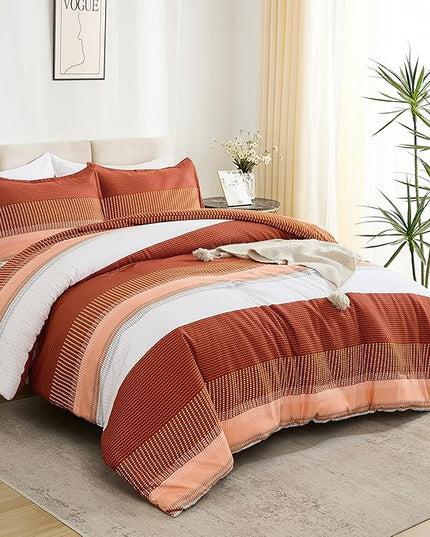 Litanika Burnt Orange Twin/Twin XL Bed Comforter Set, 2 Pieces Boho Terracotta Stripe Colorblock Bedding Comforter Set, Rust Fluffy Bed Set (66x90In Comforter & 1 Pillowcase) - LeafyLoom