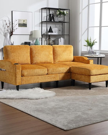 77.36" Modern Chenelle Polyester Sectional Sofa,L-Shaped Couch with Storage Ottoman,3 Seat Interior Furniture W/Pockets and Both Armrests Contain Cup Holders,for Dorm,Apartment,Yellow - LeafyLoom