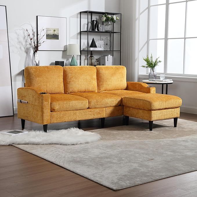 77.36" Modern Chenelle Polyester Sectional Sofa,L-Shaped Couch with Storage Ottoman,3 Seat Interior Furniture W/Pockets and Both Armrests Contain Cup Holders,for Dorm,Apartment,Yellow - LeafyLoom